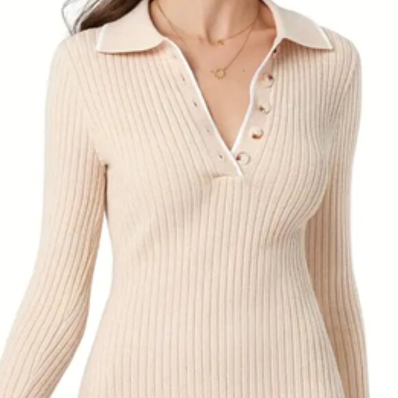 NWT ribbed collared sweater dress COMMENSE beige with white contrast trim L - Picture 1 of 9